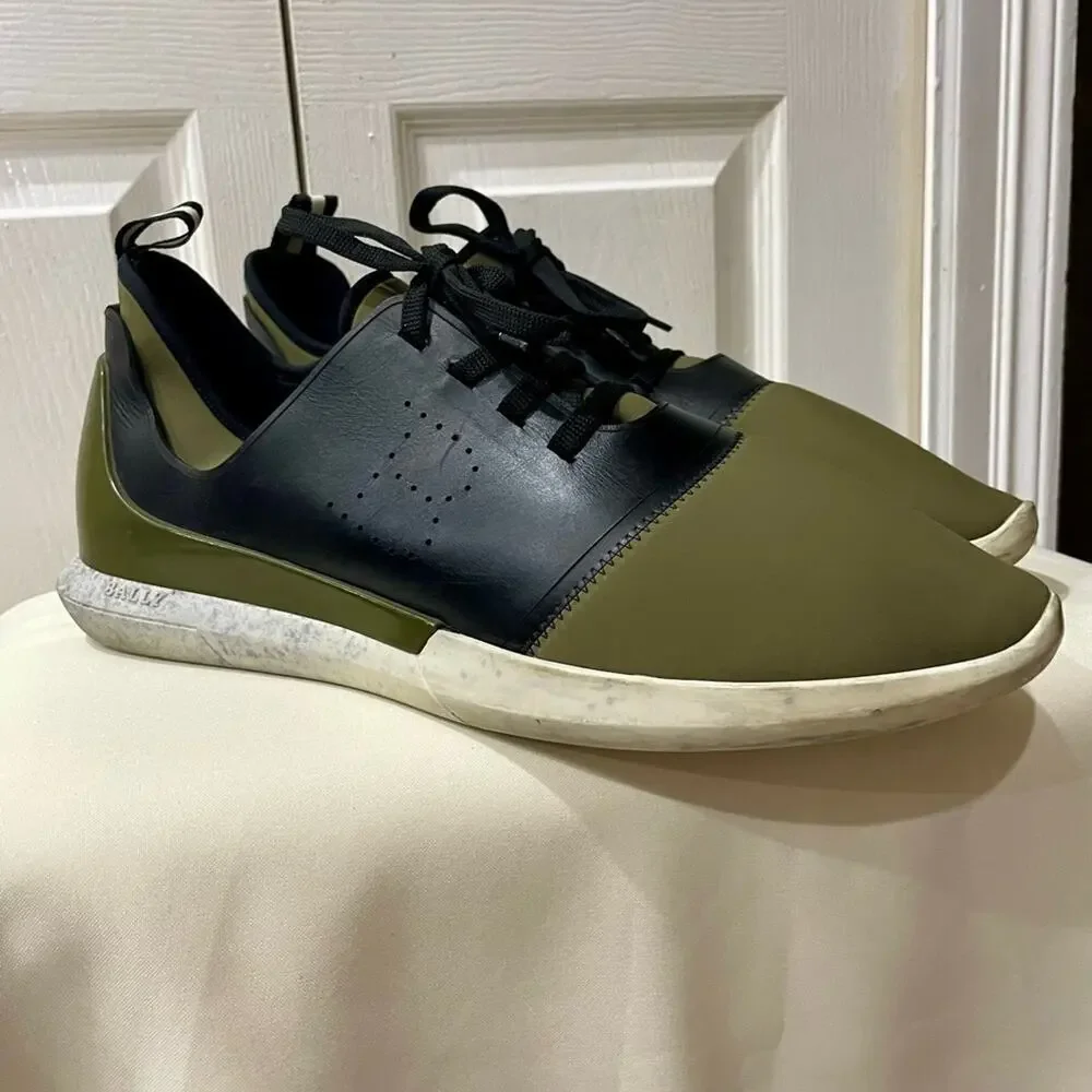 BALLY‎ MEN SHOES NEOPRENE OLIVE GREEN/BLACK LEATHER MADE IN ITALY Sz 13 ICONIC